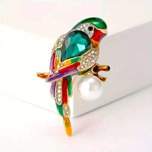 Parrot Pearl Brooch Rhinestone Bird Enamel Pin Gold Branch Colorful Tropical Fun